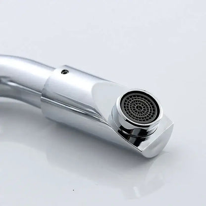 Modern chrome rotating spout faucet kitchen sink tap with sleek design and circular spray head featuring black mesh filter