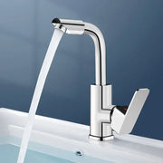 Modern chrome rotating spout faucet with a sleek curved spout and angular handle for kitchen sink use