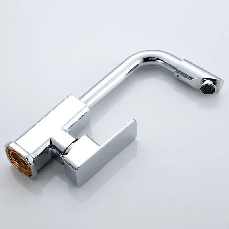 Modern chrome rotating spout faucet with a sleek angular design and flexible gooseneck for kitchen sink use