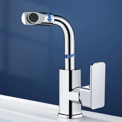 Modern chrome rotating spout kitchen faucet with sleek angular design and extendable spray head for sink use