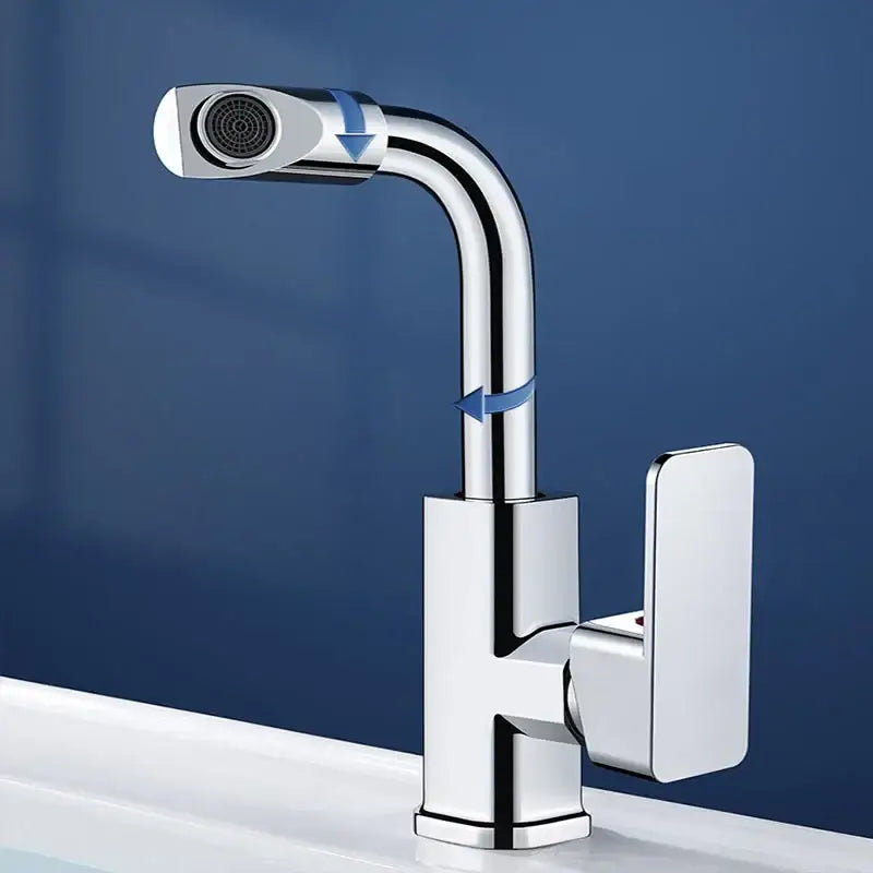 Modern chrome rotating spout kitchen faucet with sleek angular design and extendable spray head for sink use