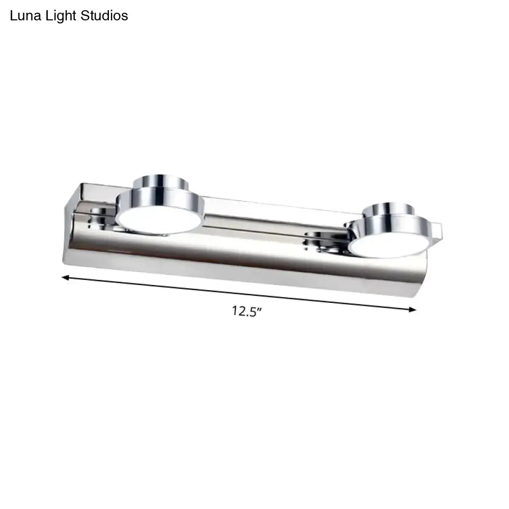Chrome finished double-head bathroom vanity wall lamp with round acrylic shade and modern sleek design