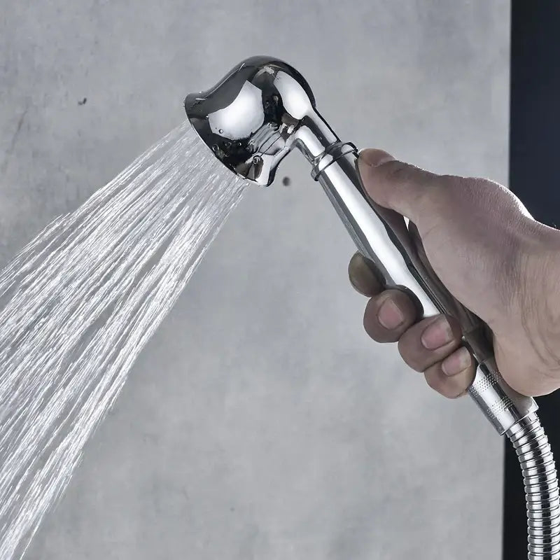 Modern chrome shower mixer faucet set featuring a chrome-finished handheld showerhead with curved design and flexible hose