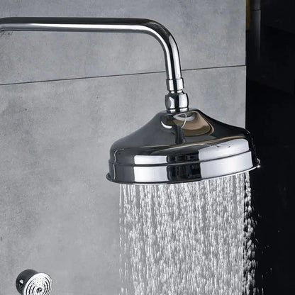 Modern chrome shower mixer faucet set with round chrome showerhead and visible water spray for bathroom use