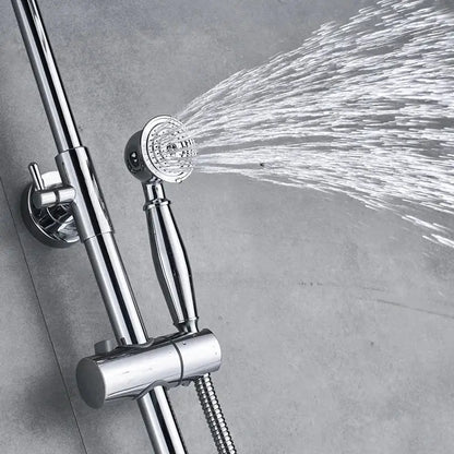 Modern chrome shower mixer faucet set featuring a handheld showerhead with sleek design and multiple spray nozzles
