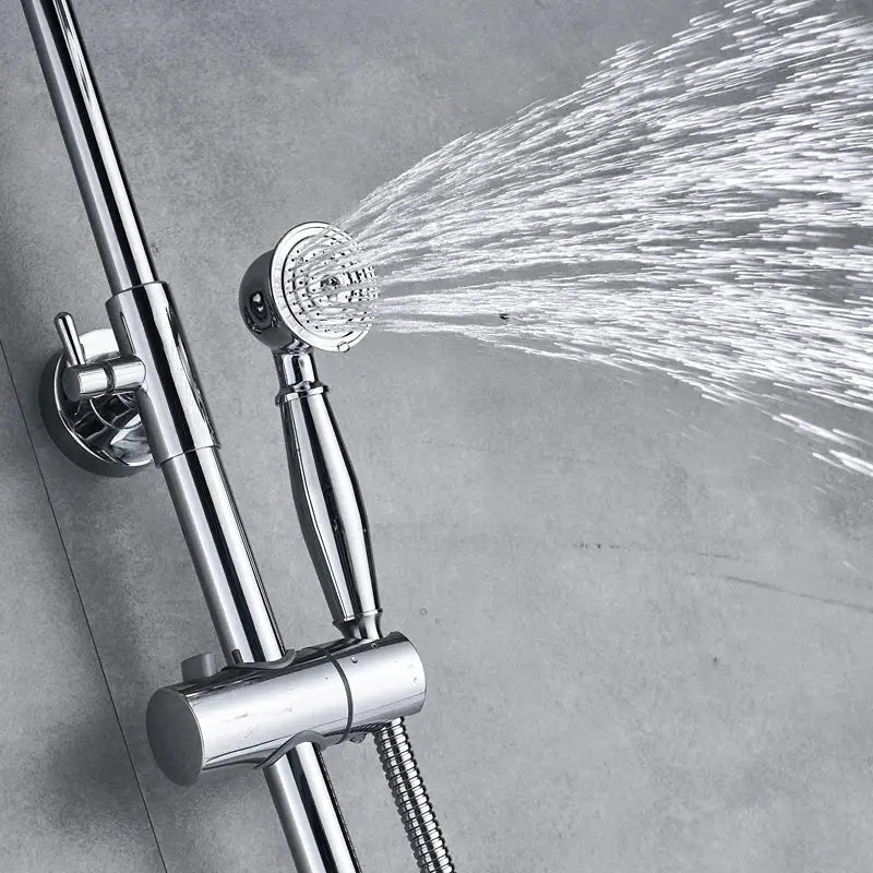 Modern chrome shower mixer faucet set featuring a handheld showerhead with sleek design and multiple spray nozzles
