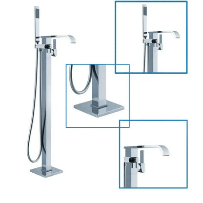 Modern chrome single handle freestanding bathtub shower set with sleek minimalist design and integrated handheld showerhead