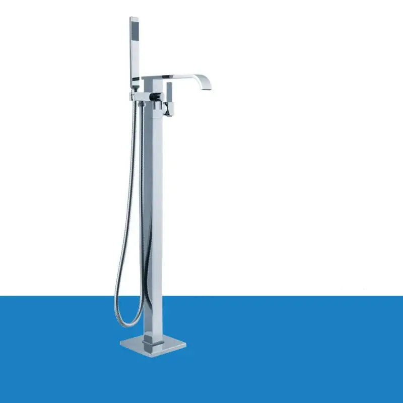 Modern chrome single handle freestanding bathtub shower set with sleek minimalist design and integrated handheld showerhead
