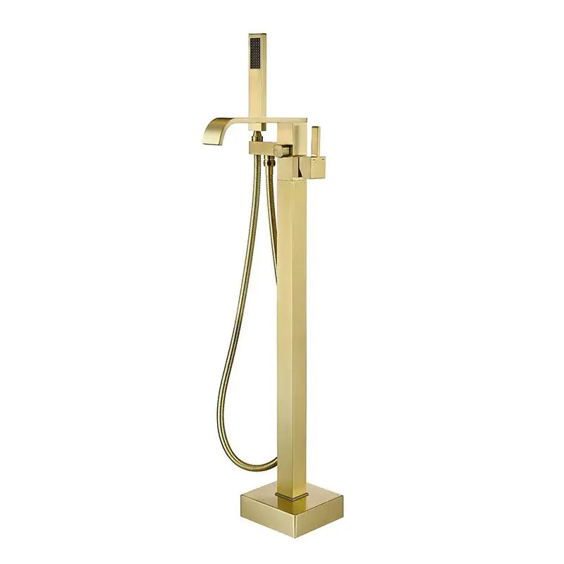 Gold-finished modern single handle bathtub shower set faucet with rectangular design and attached handheld showerhead