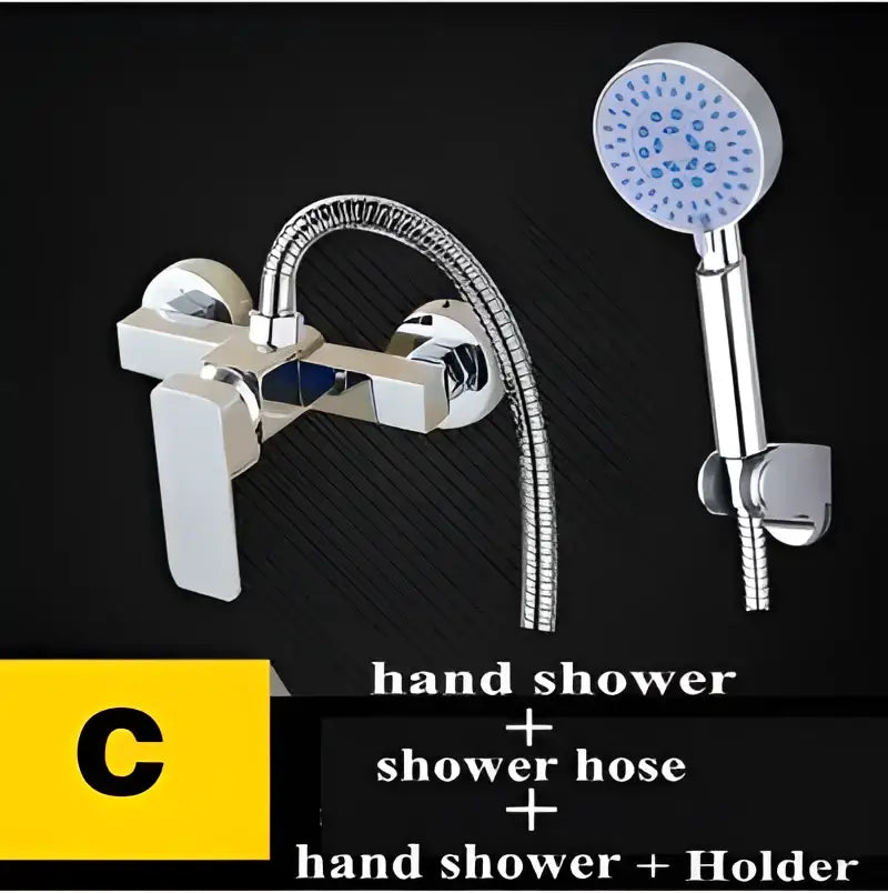 Modern chrome single handle shower mixer with brass finish wall mount flexible hose and handheld showerhead with blue nozzles