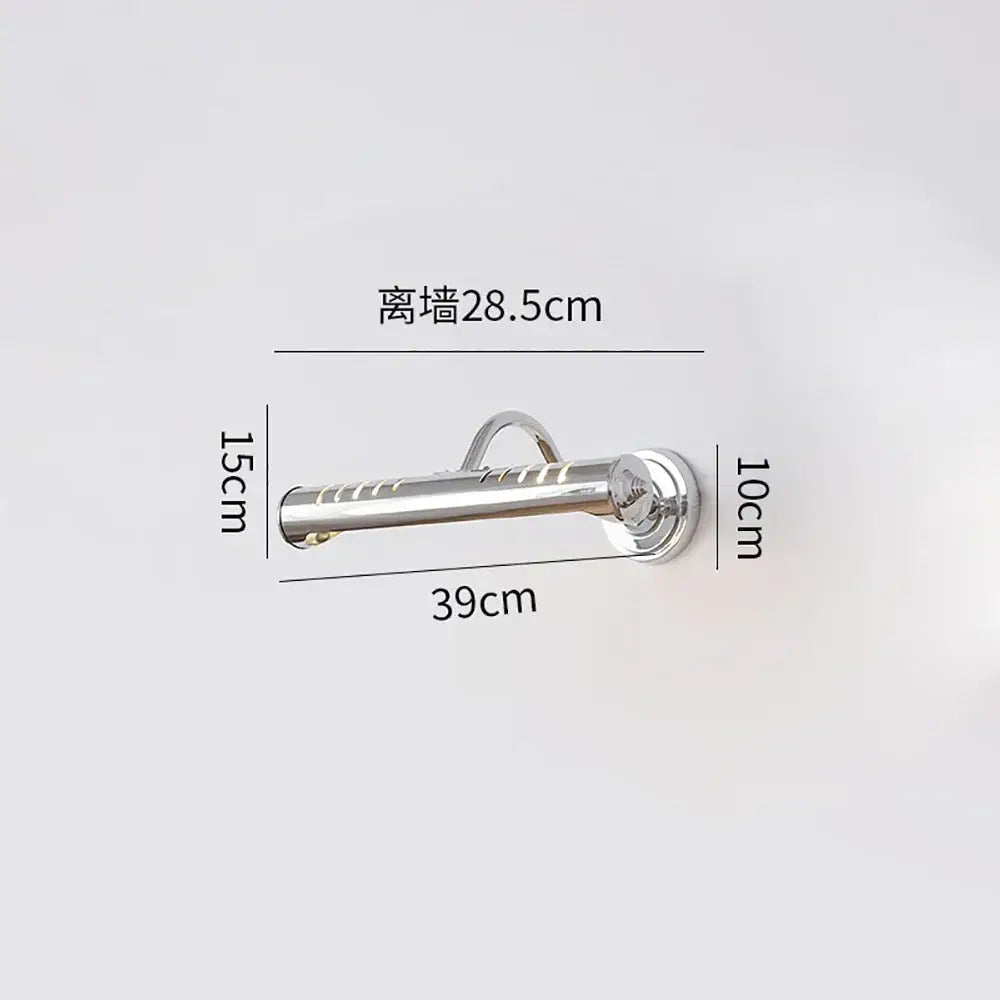 Modern chrome slotted led vanity wall lamp with a chrome-finished stainless steel grab bar and textured grip for bedroom use