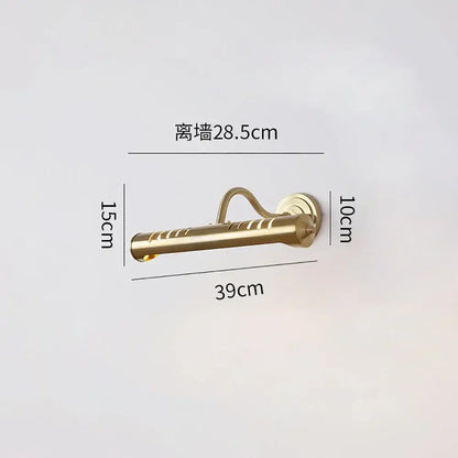 Gold-colored brass wall-mounted towel rack with ridged texture complementing modern chrome slotted led vanity wall lamp