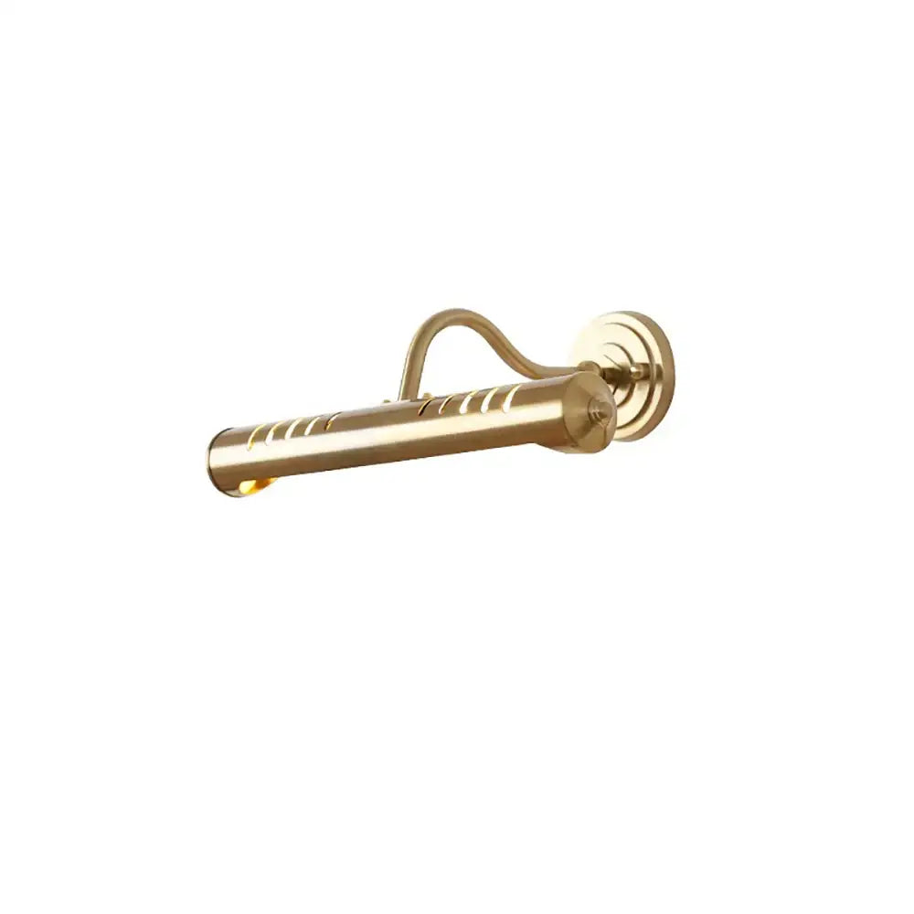 Gold-finished brass wall lamp with elongated cylindrical body and decorative slits for use as led vanity wall lamp