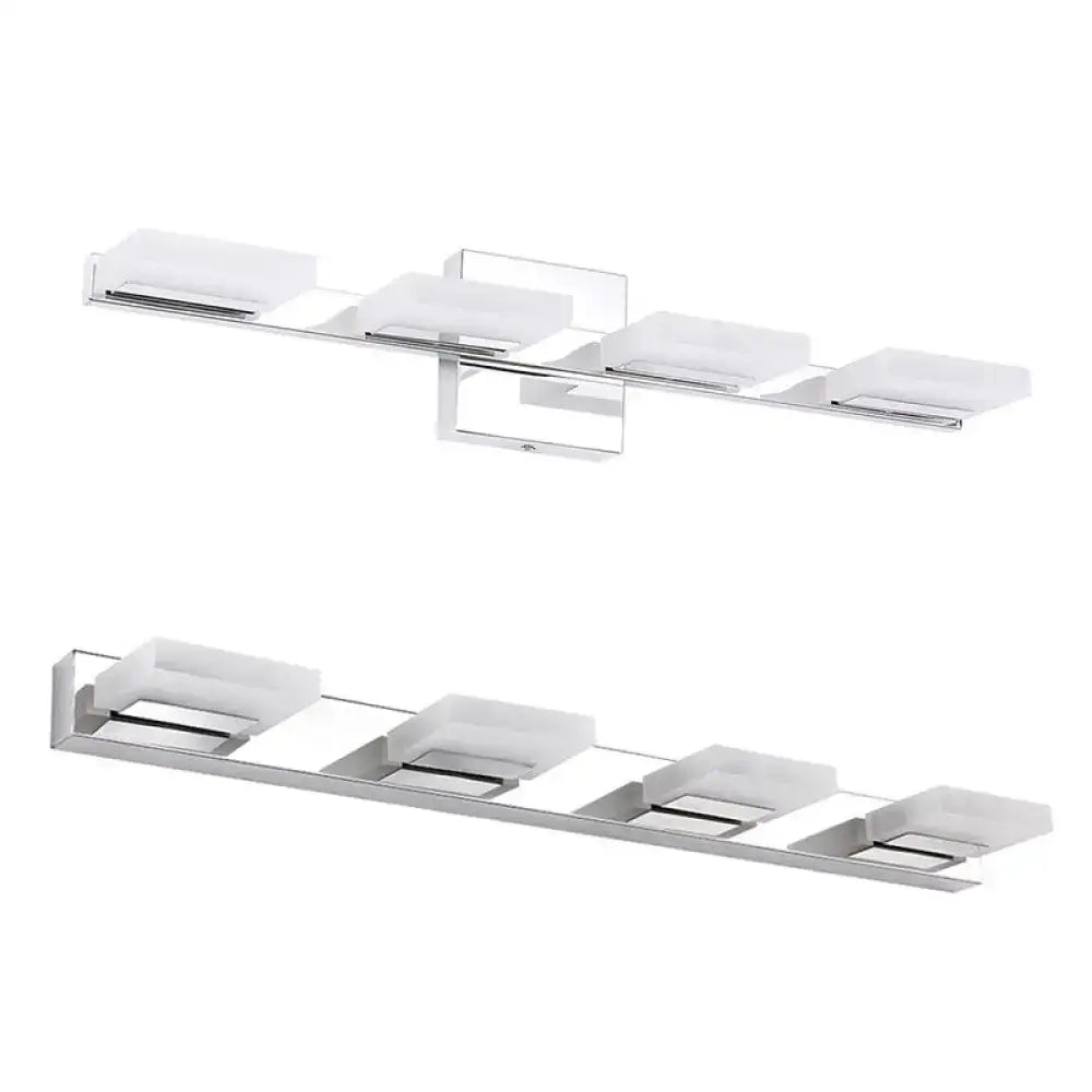 Modern chrome square acrylic wall sconce lighting with four frosted glass rectangular shades for bathroom wall light