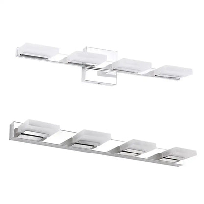 Modern chrome square acrylic wall sconce lighting with four frosted glass rectangular shades for bathroom wall light