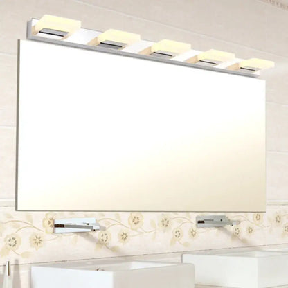 Modern chrome square acrylic wall sconce lighting with integrated led wall light and sleek rectangular bathroom mirror frame