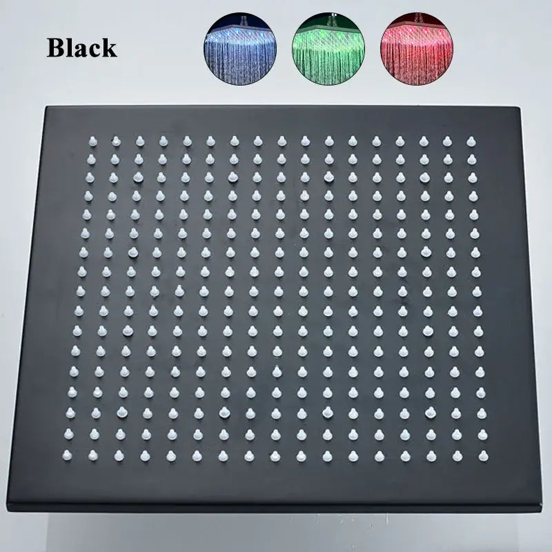 Modern chrome square rain shower head with black frame white nozzles and blue green red led lighting options