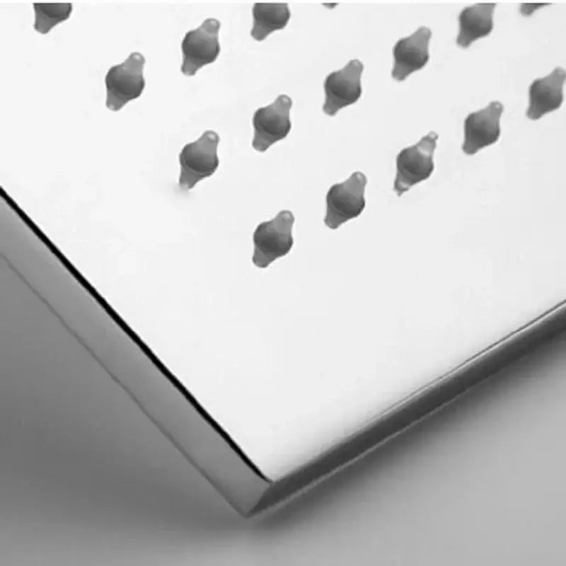 Modern chrome square rain shower head with polished finish and evenly spaced rounded nozzles for bathroom use