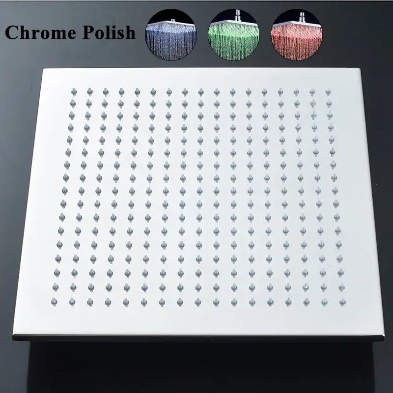 Modern chrome square led rain shower head with chrome-polished finish and grid of small nozzles for rain shower