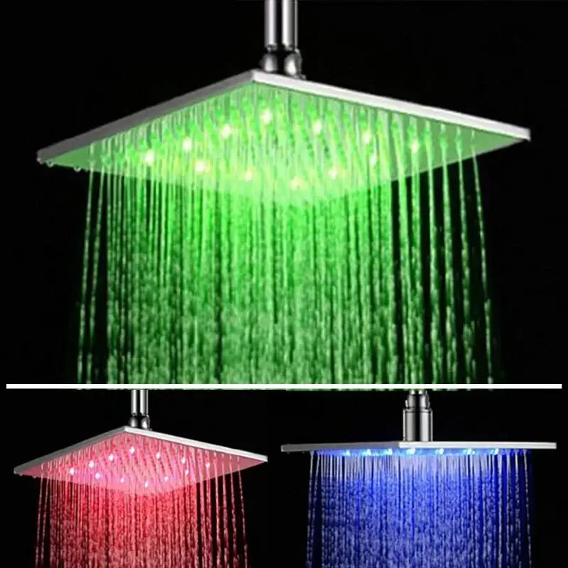Modern chrome square led rain shower head with sleek metallic finish and integrated green red blue illuminated water streams