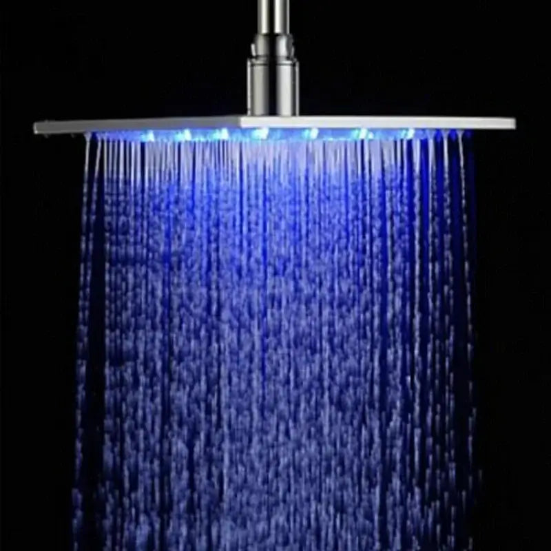Modern chrome square rain shower head with blue led lighting along edge for bathroom rain shower fixtures
