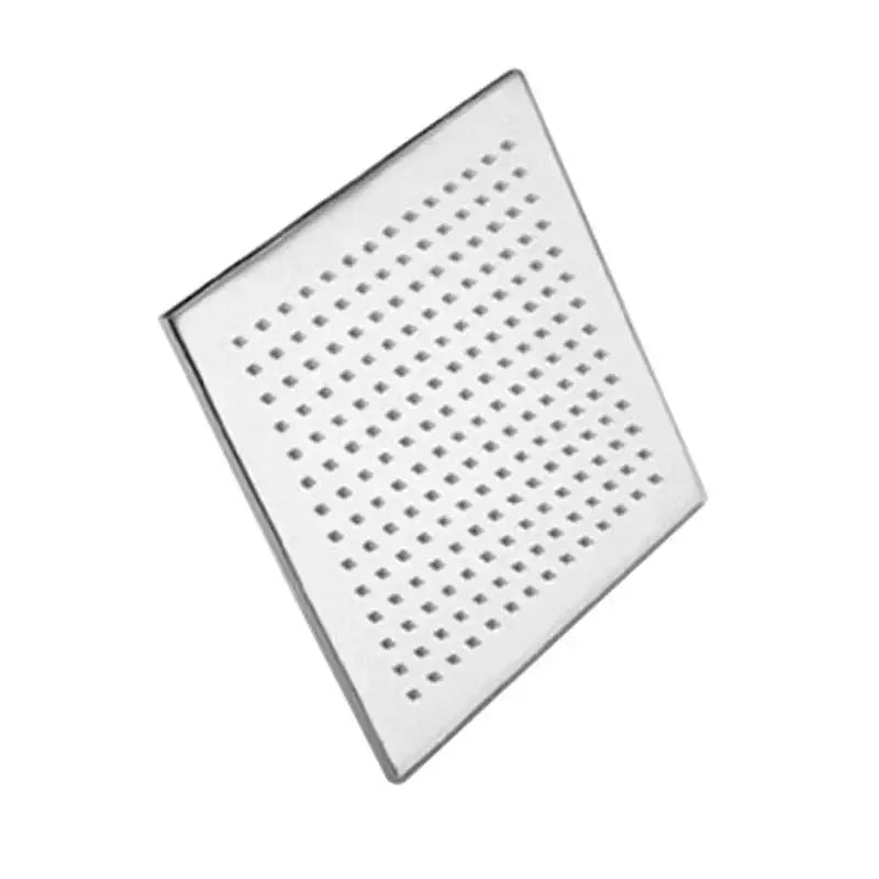 Modern chrome square rain shower head with polished metallic finish and grid of perforations for bathroom use