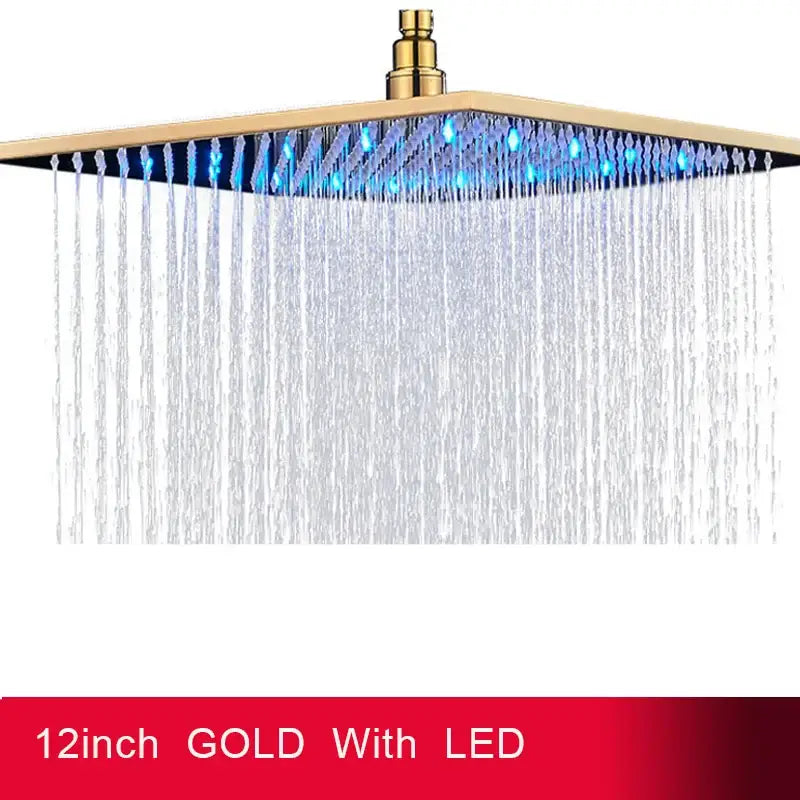 A 12-inch gold-colored square led rainfall shower head with blue led lights for modern bathroom use