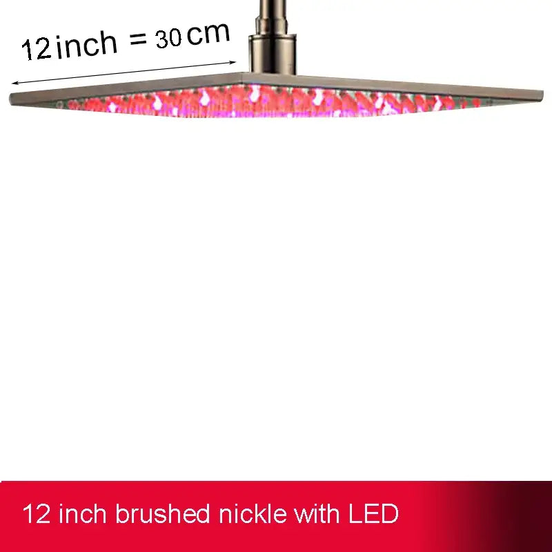 Modern chrome brushed nickel 12-inch square led rainfall shower head with vibrant pink illuminated square led light