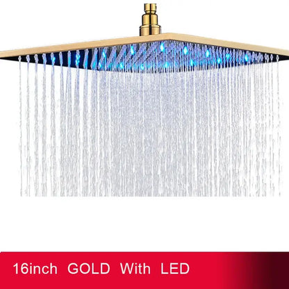 A 16-inch gold-colored square led light rainfall shower head with blue led lights for modern bathroom use