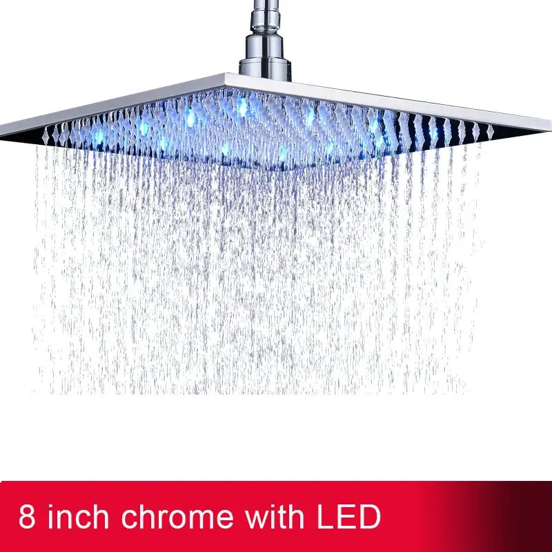 Modern chrome square rainfall shower head with blue led light for bathroom featuring sleek chrome finish and square design