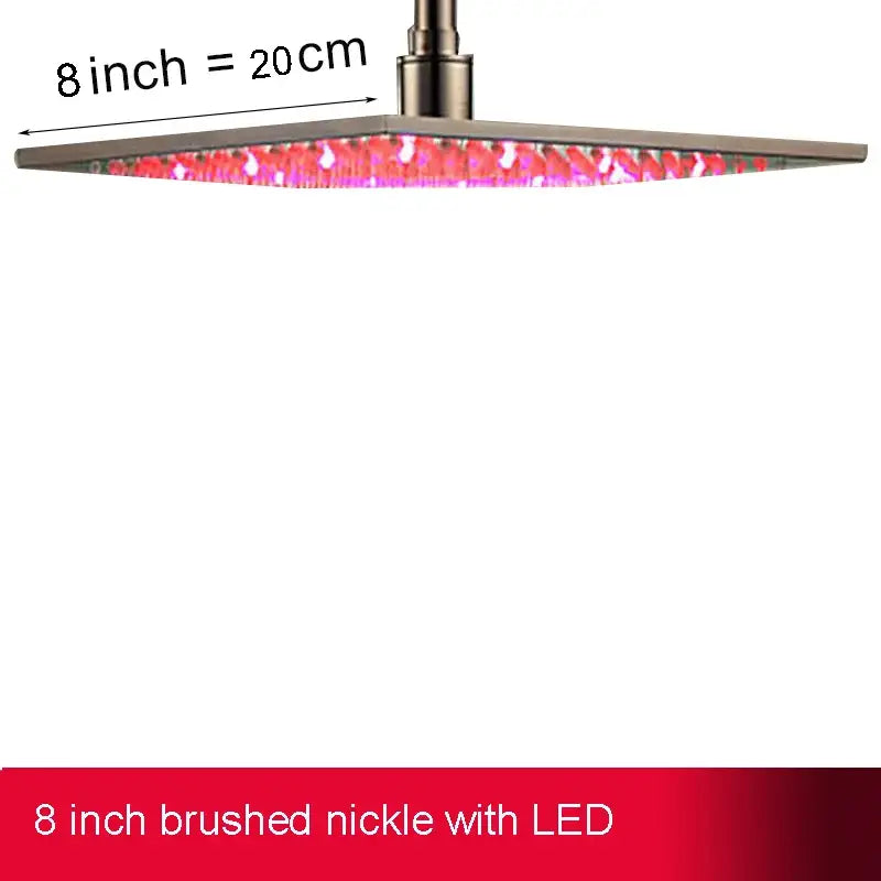 Modern chrome 8-inch brushed nickel square led light shower head with vibrant pink glow rainfall shower design
