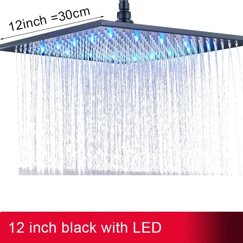 Black 12-inch square chrome rainfall shower head with blue square LED light for modern bathroom use