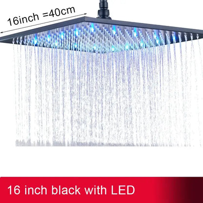 Black 16-inch square led rainfall shower head with blue lights for modern bathroom shower head lighting