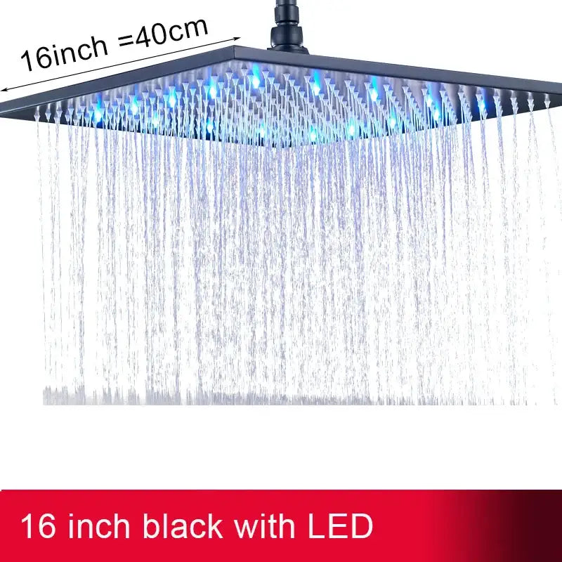Black 16-inch square led rainfall shower head with blue lights for modern bathroom shower head lighting