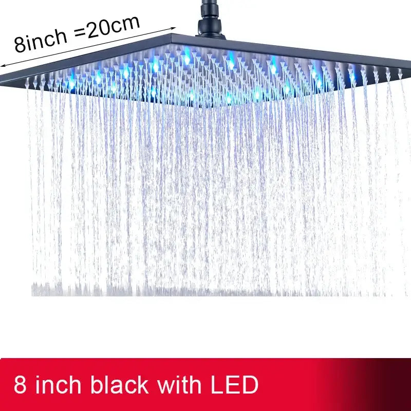 Black 8-inch square led rainfall shower head with blue led light for modern chrome bathroom shower head use
