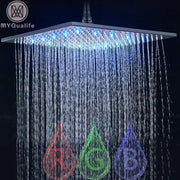 Modern chrome square led rainfall shower head with blue illuminated integrated led lights and chrome finish
