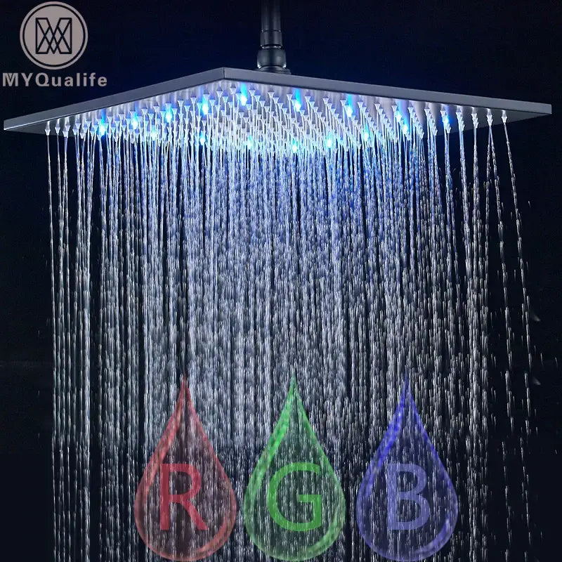 Modern chrome square led rainfall shower head with blue illuminated integrated led lights and chrome finish
