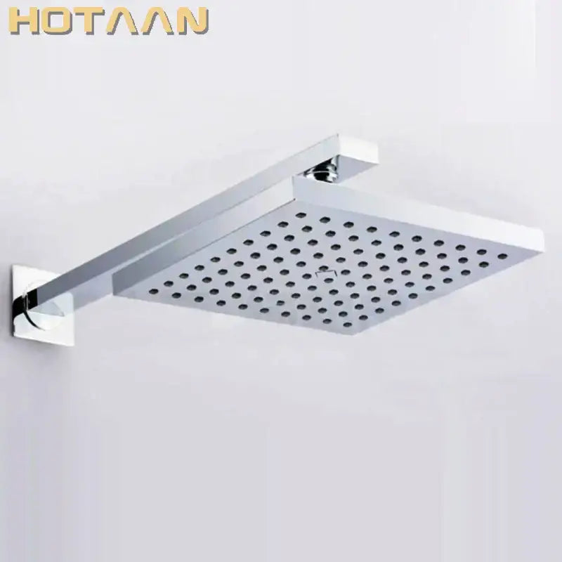 Modern chrome square rain shower head with arm featuring sleek design and evenly spaced perforations for rain shower use