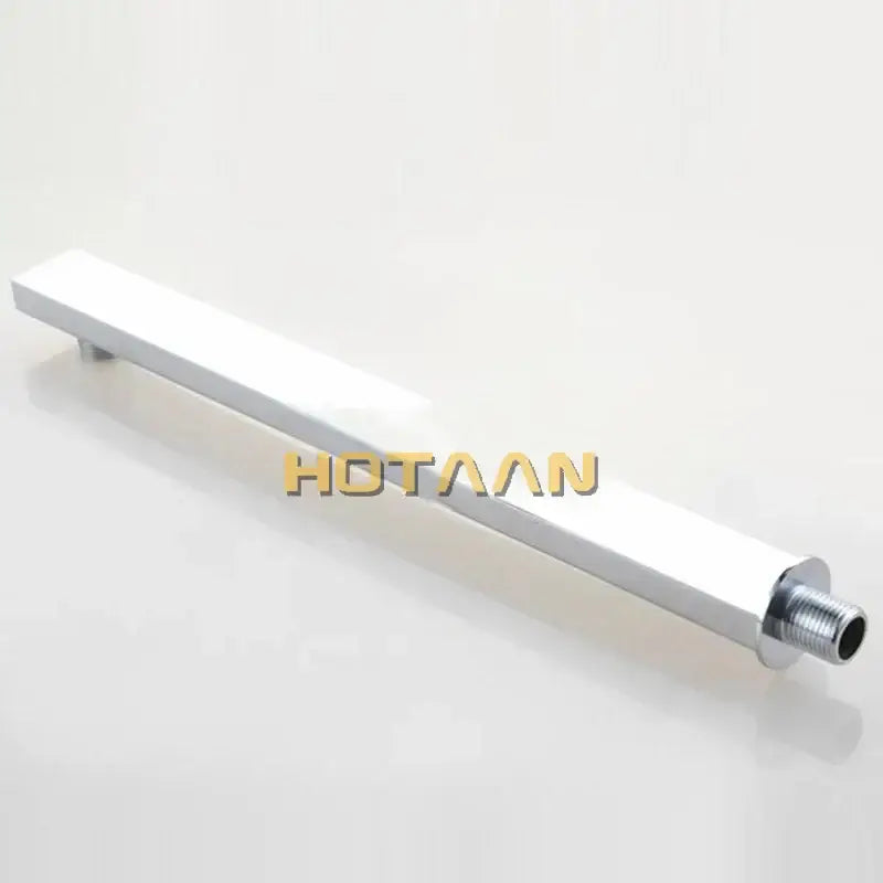 Silver rectangular metal drawer pull with threaded end shown with modern chrome square rain shower head for bathroom