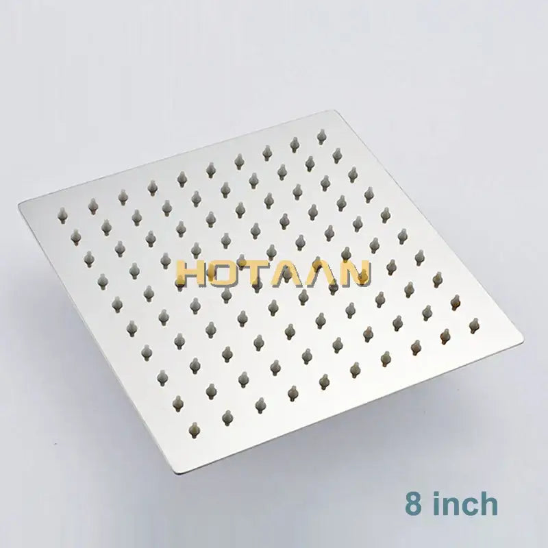 Modern chrome square stainless steel rain shower head with arm featuring evenly spaced rounded nozzles for bathroom use