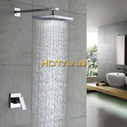 Modern chrome square rain shower set featuring a chrome-finished lanos rain shower head with minimalist design mounted on wall bracket