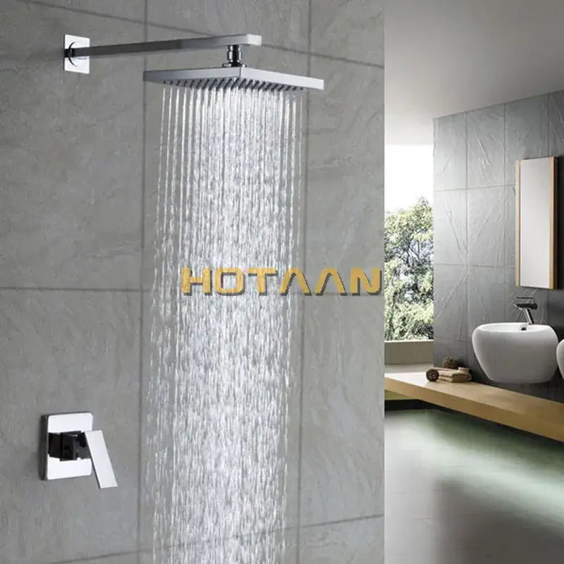 Modern chrome square rain shower set featuring a chrome-finished lanos rain shower head with minimalist design mounted on wall bracket