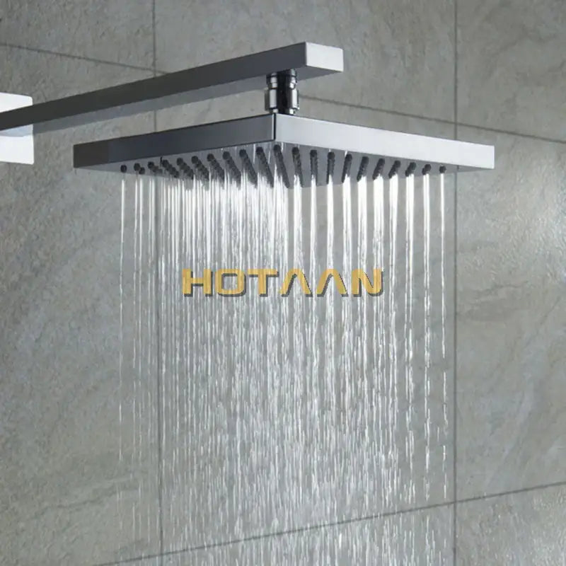 Modern chrome square rain shower set featuring a sleek chrome finish lanos rain shower with evenly spaced nozzles