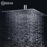 Modern chrome square rainfall shower head with sleek finish and multiple water jets for an enhanced rainfall shower experience
