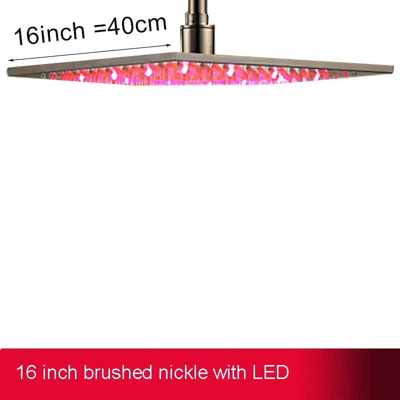 Modern chrome 16-inch brushed nickel square rainfall showerhead with vibrant pink led lights for bathroom use