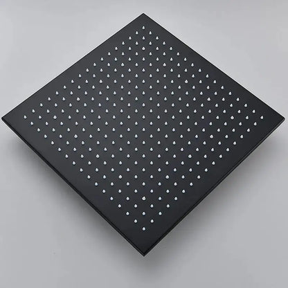 Modern black square rainfall showerhead with matte finish, white droplet nozzles, and integrated led lights for bathroom use
