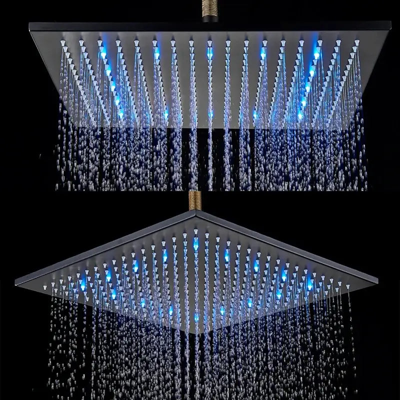 Modern chrome square rainfall shower head with matte black finish, multiple water jets, and blue led lights for bathroom use