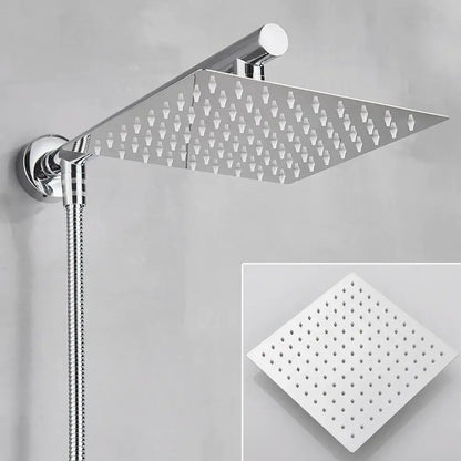 Modern chrome square rainfall shower head set with diamond nozzle grid and adjustable wall mount for bathroom use