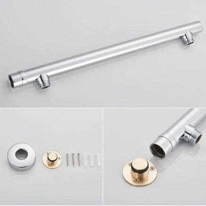 Modern chrome square rainfall shower head set featuring a sleek chrome handrail with brass mounting plate and connectors