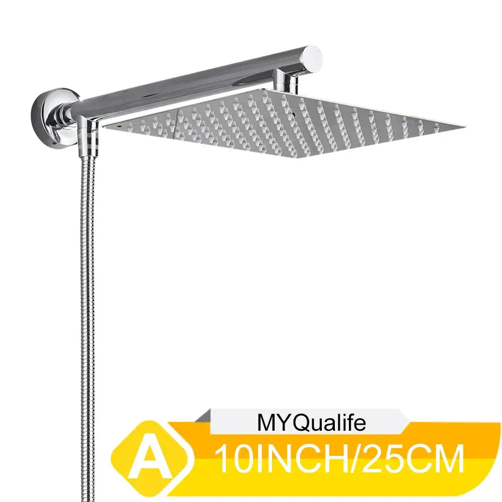 Modern chrome square rainfall shower head set featuring a 10-inch chrome finished shower head with textured surface